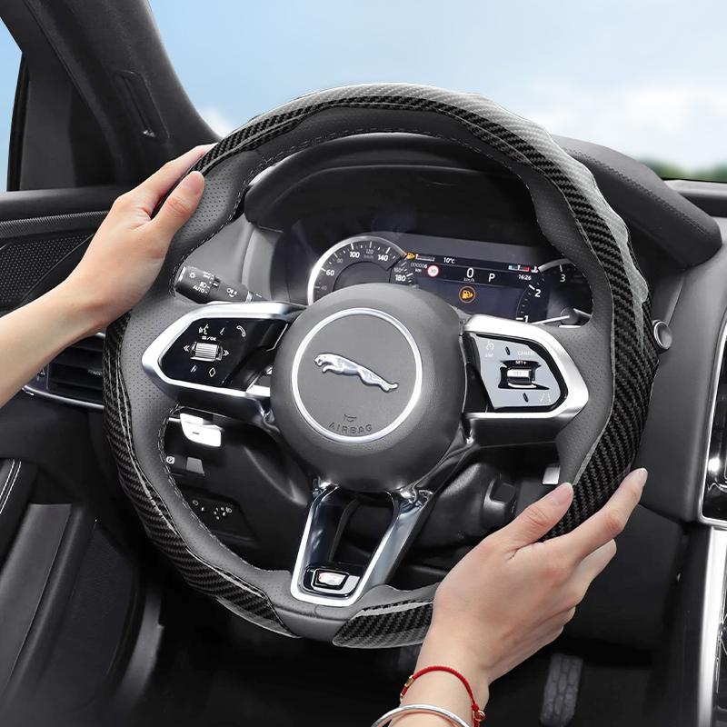 Suitable for Jaguar Carbon Fiber Texture Steering Wheel Cover, Snap-On Wave-Shaped Sporty Design, Durable Protective Case for I-Pace F-Pace E-Pace Xe