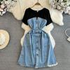 Short Sleeve Denim Dresses for Woman Fake Two Jeans Patchwork Women's Dresses A Line Lace-up O Neck Vestidos Dropshipping