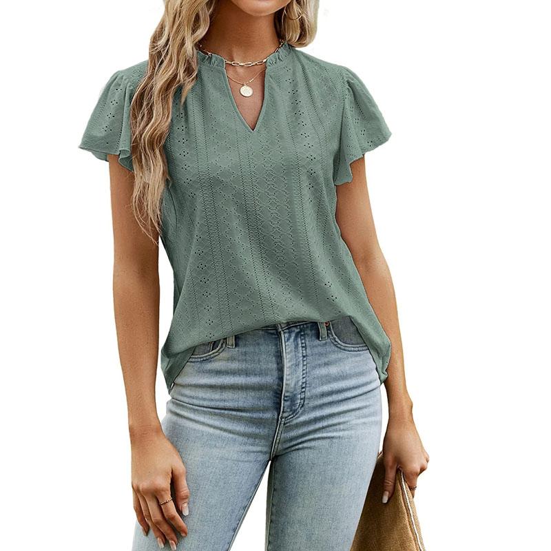 Женские футболки с v-образным вырезом, летние полые повседневные топы с рюшами и рукавами
