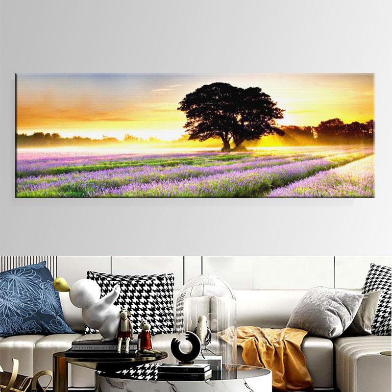 Пейзаж фиолетовое лавандовое поле дерево птица взлет холст картины постеры и принты настенное искусство фотографии домашний декор без рам