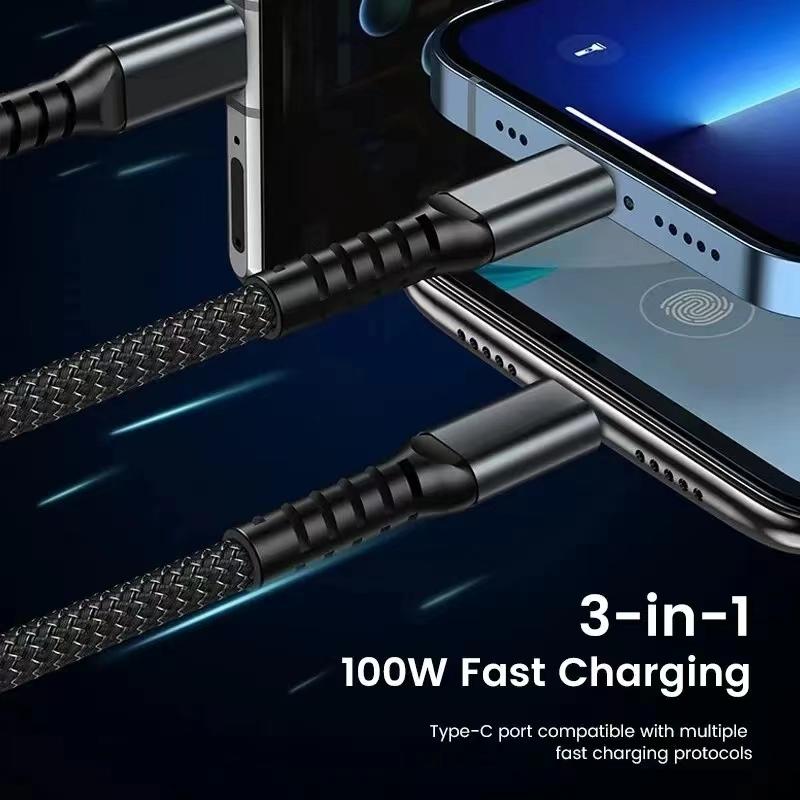 100W 3 In 1 Micro USB Type C Lighting Fast Charging Cable for iPhone Samsung Xiaomi USB C iOS Date Wire Charger