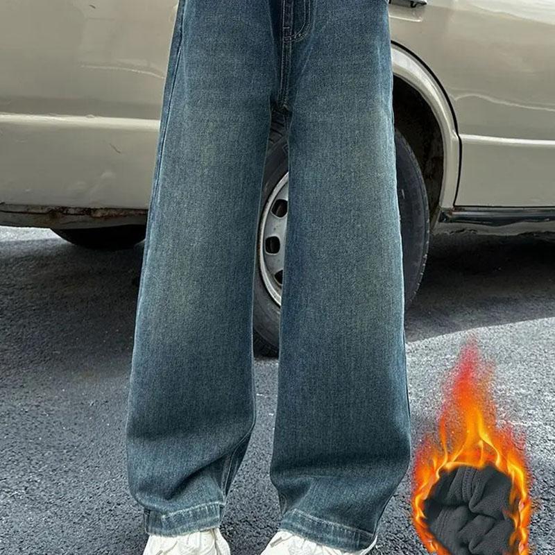 Детские зимние утепленные джинсы с вышивкой в виде сердца и карманами для девочек, теплые брюки для детей с флисовой подкладкой, плотные джинсы для подростков