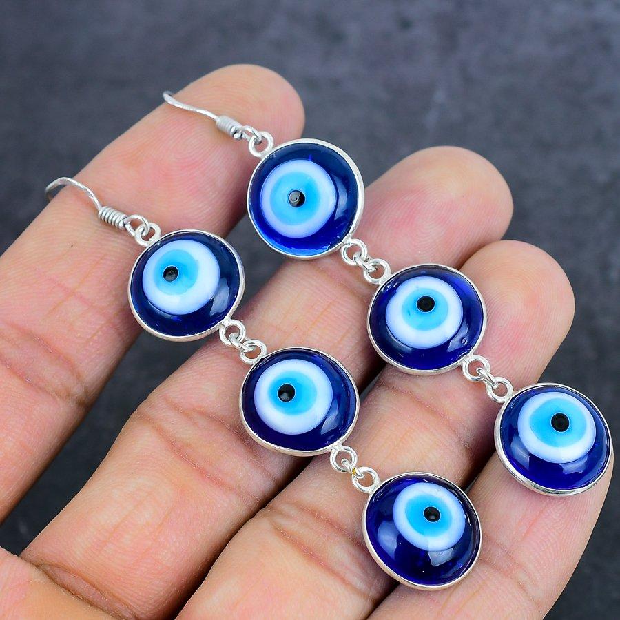 Синий Камень Глаза Дьявола Ювелирное Изделие из Стерлингового Серебра 925 Серьга 3,03"