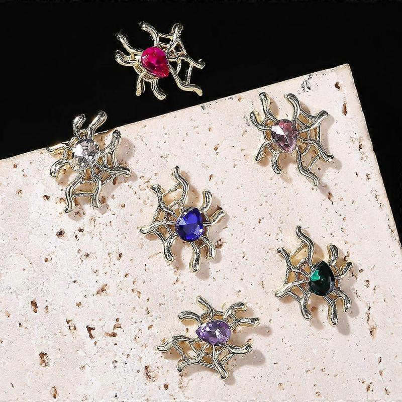 12-Pack Halloween Nail Ornaments Spider Nail Ornaments for Acrylic Nails Kawaii 3D Gold Nail Ornaments Silver Nails Rhinestones 6 Styles Mix