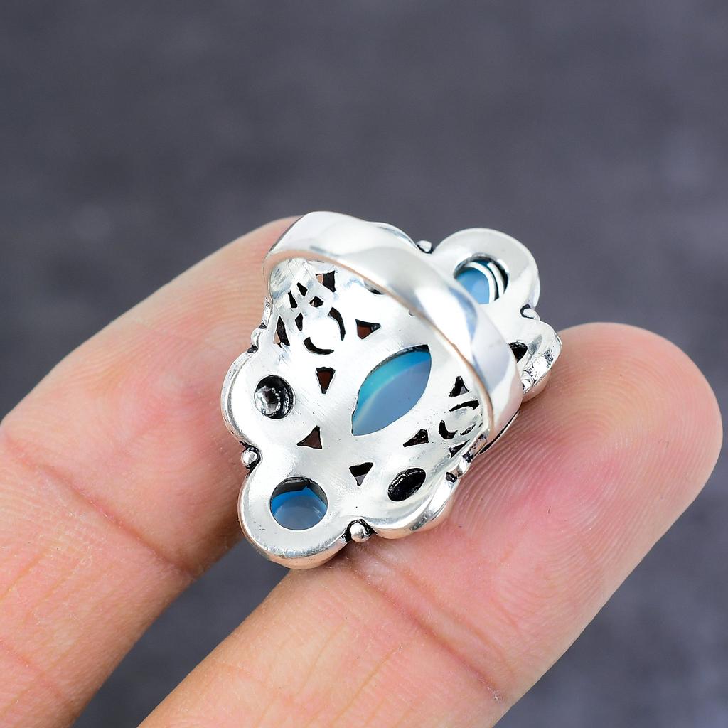 Кольцо из стерлингового серебра 925 пробы с натуральным синим халцедоном ручной работы, размер 7,5 o2Y88