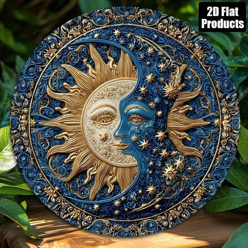 Винтажная металлическая настенная табличка "Солнце и Луна", 8x8 дюймов, Ретро алюминиевый декор, Хэллоуин, Рождественский подарок, Сельское искусство