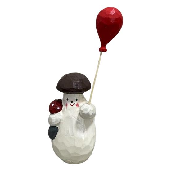 Wooden Mushroom Figurine Hand-Carved Mushroom Elf Holding A Balloon Rustic Tabletop Mushroom Decoration for Home Office Desk Shelf