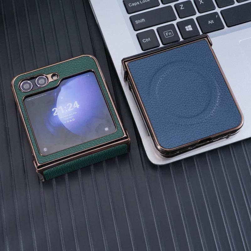 Премиальный магнитный чехол с текстурой кожи личи для Samsung Z-Flip7 и Z-Flip6 - Защита от падений, складной