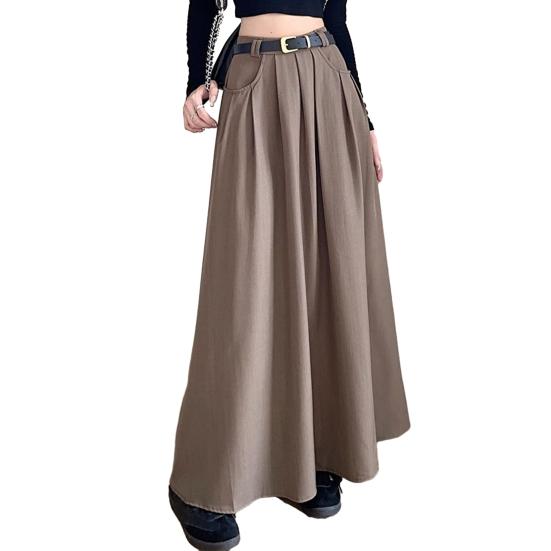 Women Skirt Elegant Flared A-Line Midi Skirt with Pockets Fashionable Solid Color Lady Skirt for Autumn