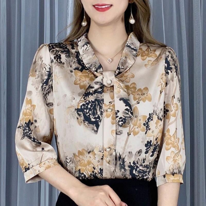 Chiffon Shirt Bow Lace-up Collar Half Sleeved Printed Top Women's Loose Thin Simple Casual Commute Top Elegant Temperament Spring and Summer