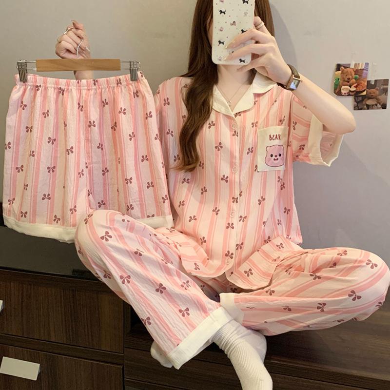 Little fresh fairy style summer new short-sleeved pajamas women's lazy sense loungewear cloud cotton three-piece set