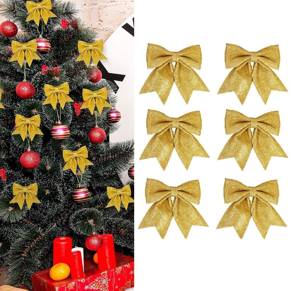 6PCS Sparkle Bow Ornaments for Christmas Tree, DIY Gift Box Decoration, Xmas New Year Party Garland Home Decor Bows Decorations