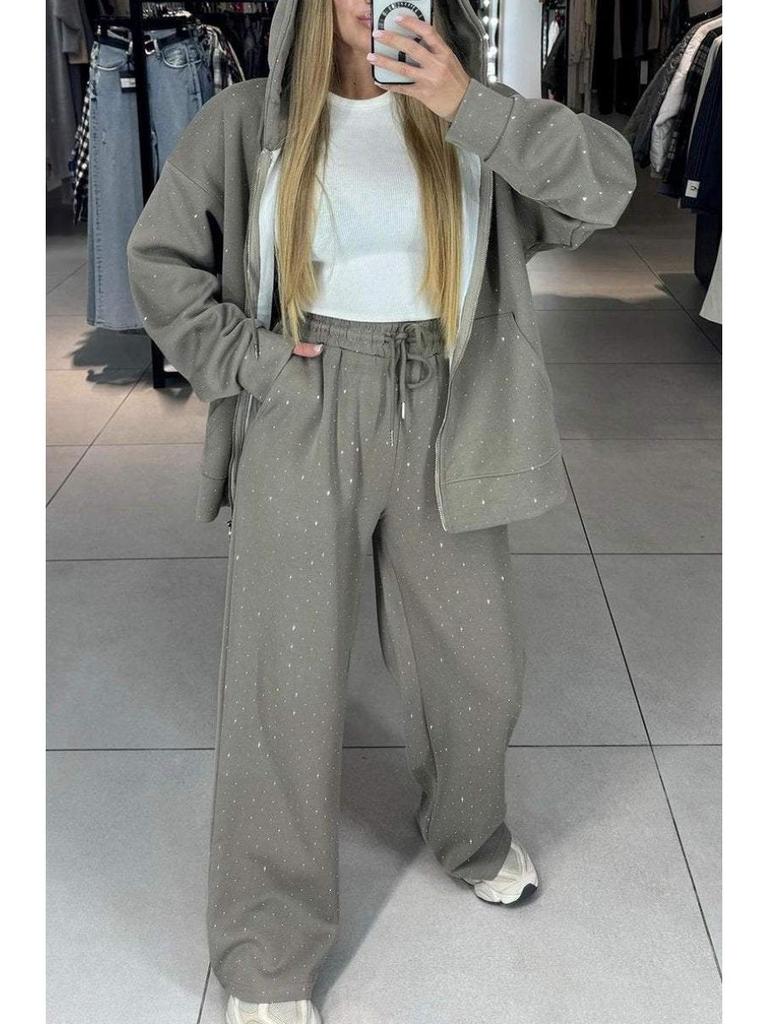 Европейский и Американский Комплект из Двух Предметов: Худи и Широкие Брюки - Женский Повседневный Осенне-Зимний Спортивный Костюм на Молнии с Полной Декорацией Стразами