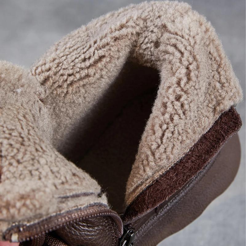 Johnature Retro Genuine Leather Plush Warm Women's Short Boots Soft Soled Round Toe Versatile Cotton Shoes