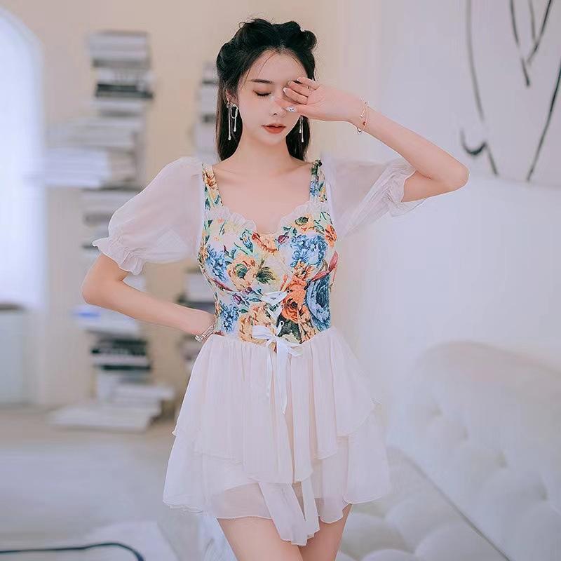 Swimsuit Female Summer Dress Fairy Medium Sleeve Student Korean ins Skinny Belly Cover Hot Spring Conservative Large Size Swimsuit