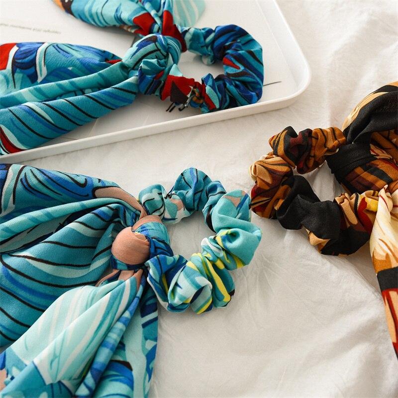 New Fashion Print Leaf Long Scarf Hair Band For Women Scrunchie Elastic Ribbon Bow Tie Ponytail Holder Hair Accessories Headwear