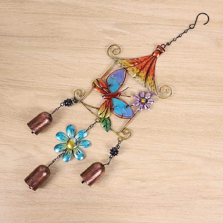 Paitned Bird Butterfly Metal Glass Wind Chimes Garden Wind Catcher for Outside Hanging Pendant Ornament Home Window Decor