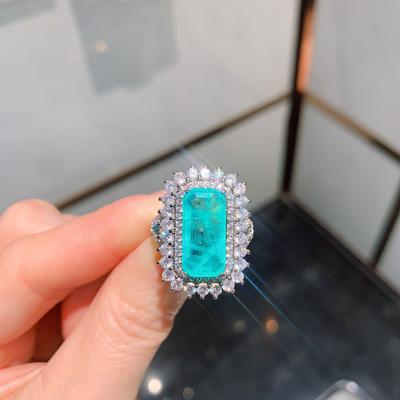 Серебряное кольцо Имитация Параибы Ретро стиль Блеск Инкрустированное бриллиантами Для женского кольца Вечеринка День рождения Свадебный подарок