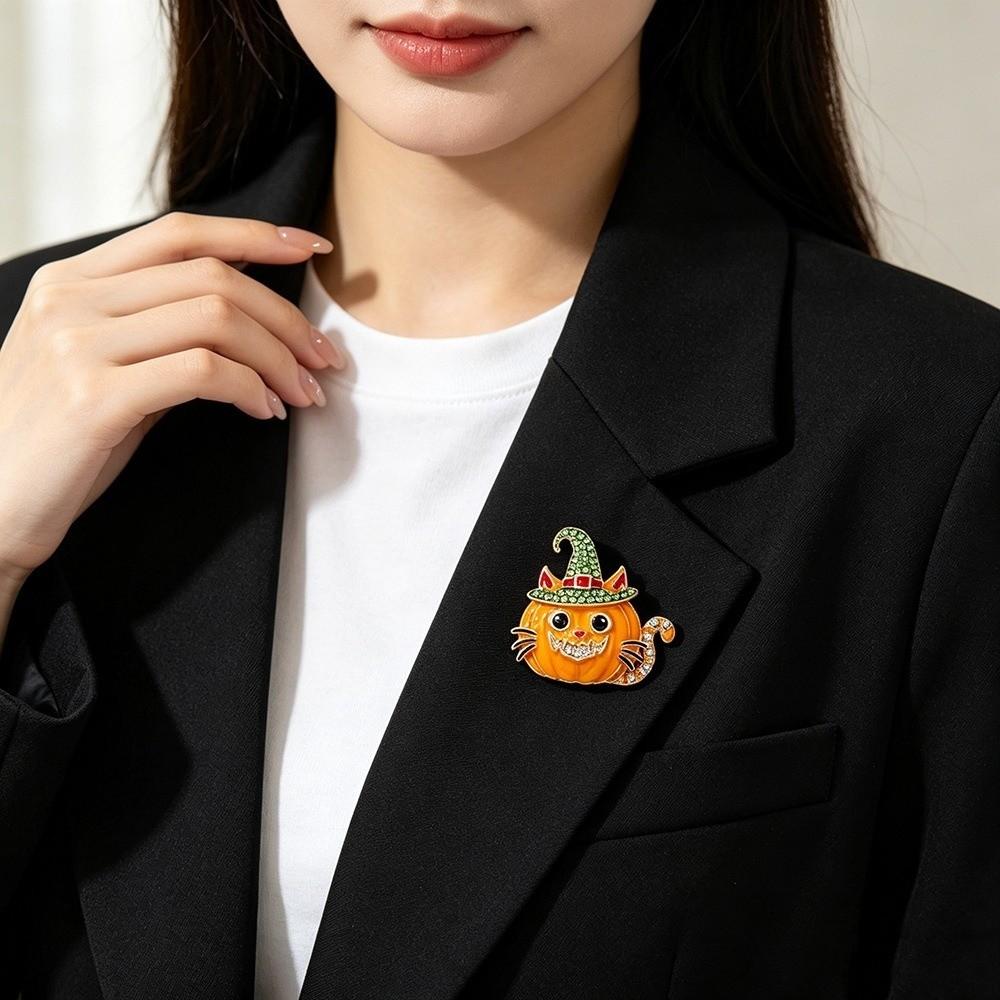 Pumpkin Shape Halloween Feline Brooch Pin Rhinestone Detail Party Brooch Pin Gift Clothing