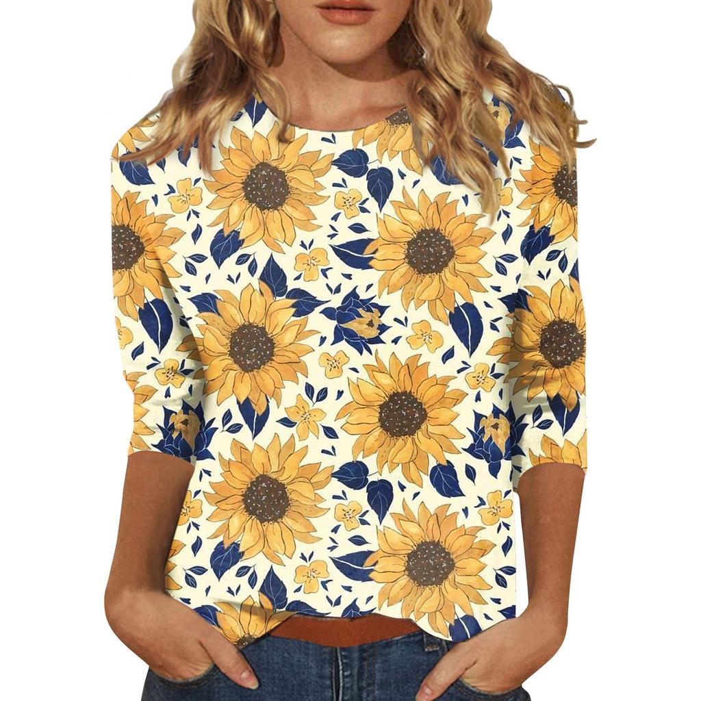 Round Neck 3D Printed Sunflower Pattern Top Fashionable Casual Long Sleeved Women's T-shirts