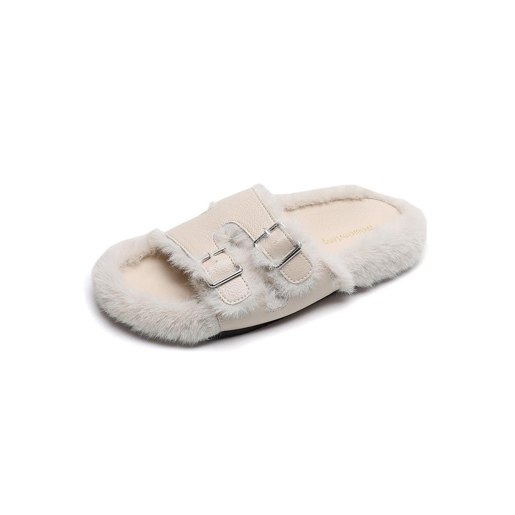 Woman Faux Wool Insole Flat Slippers Round Head Open Toe Slingback Indoor Slipper 2024 Women Winter Female Plush Fur Slippers