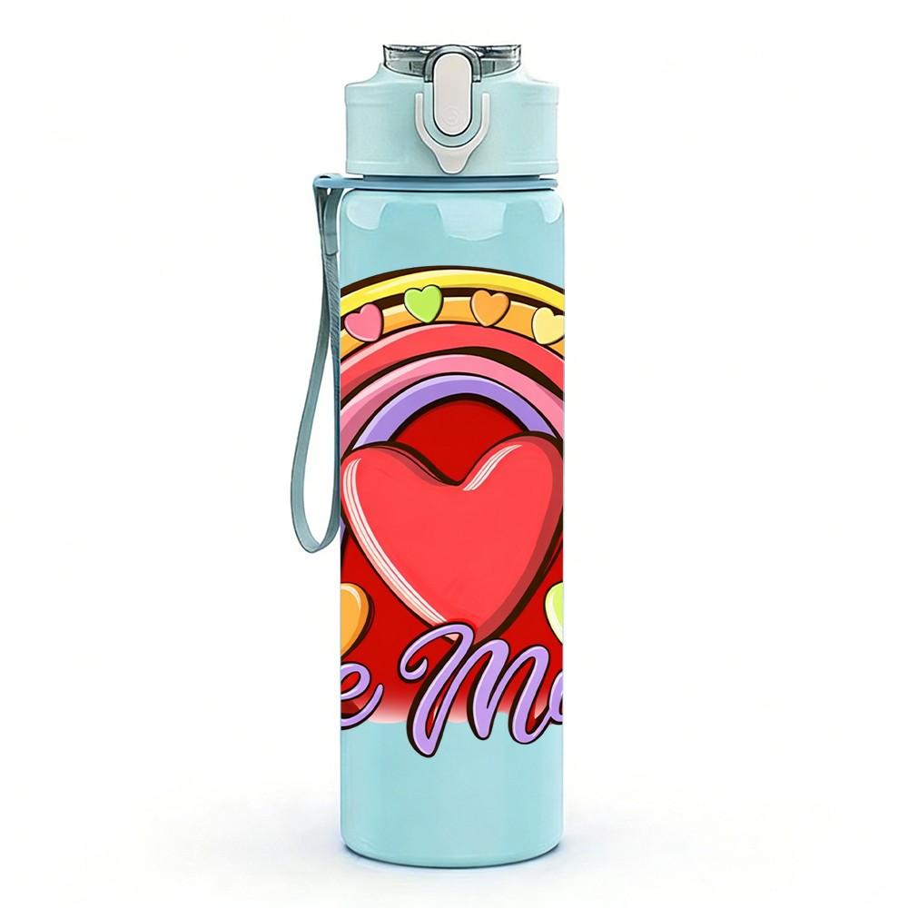 1PC Be Mine Heart Rainbow Valentine Art 750ml Color Plastic Sports Water Bottle Leakproof Flip Straw Lid Suitable for Sports Office Home Use