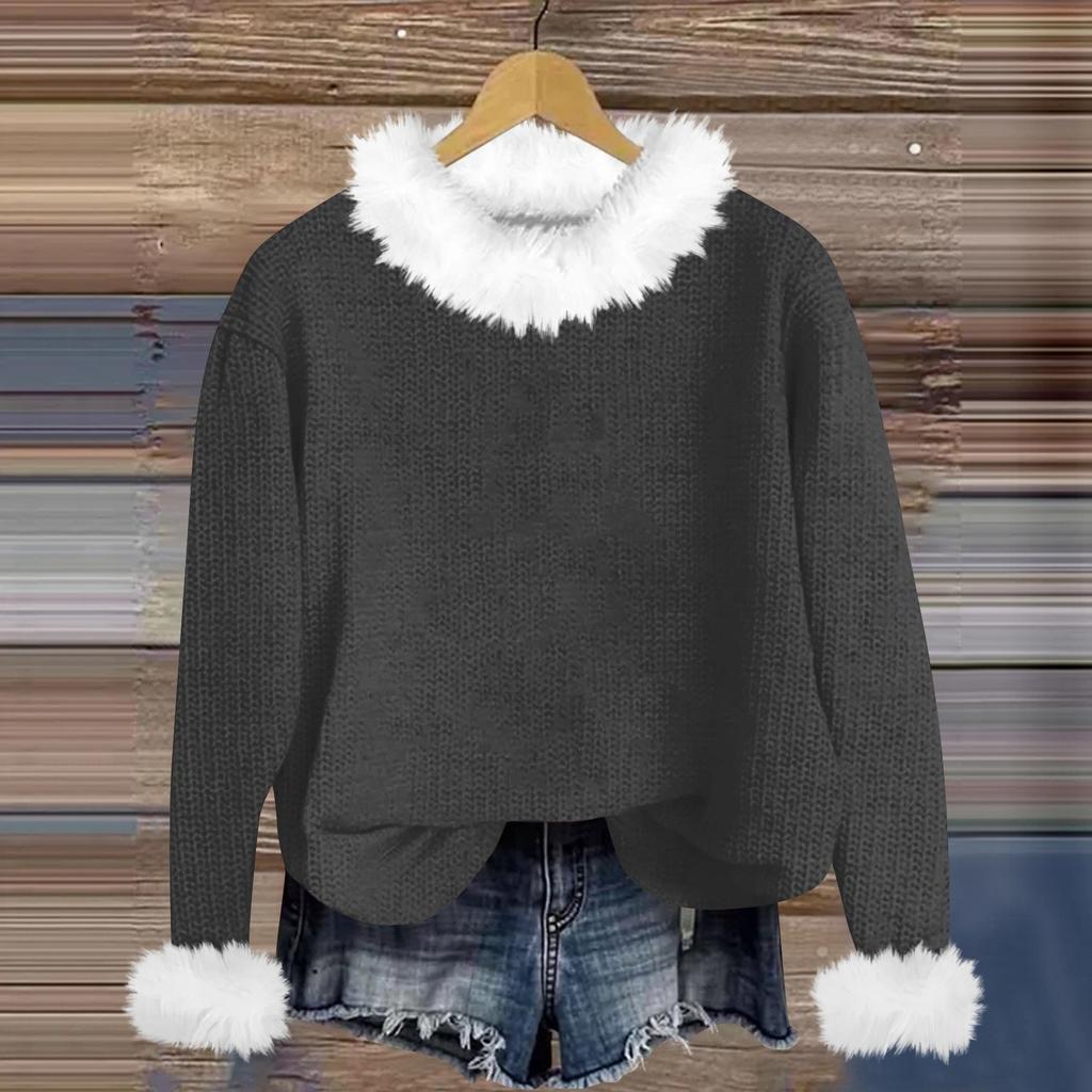 Свитшоты для женщин Вязаный свитер Милая рубашка Осенний круглый вырез Пуловер с меховым воротником Топы
