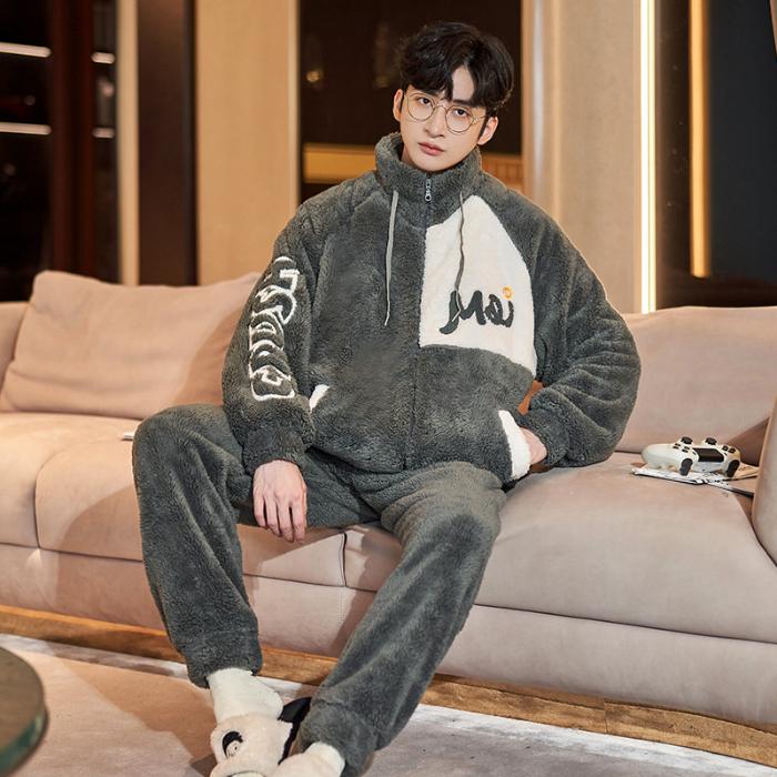 Антистатический коралловый флис мужской зимний пижамный комплект утепленная фланель теплая пижама большого размера на молнии мягкая мужская пижама домашняя одежда