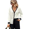 Women's Pearl Button Up Shirt Casual Sexy V Neck Color Block Dressy Tops Elegant Long Sleeve Open Front Cardigan