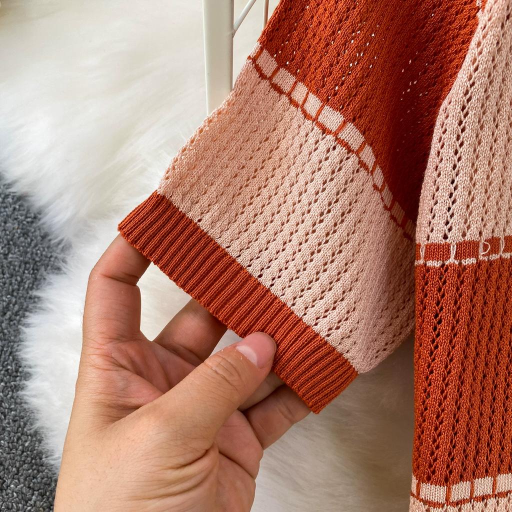 Летний женский шикарный полосатый вязаный свитер и брюки, комплект из двух предметов, пуловер с коротким рукавом и костюм с широкими брюками