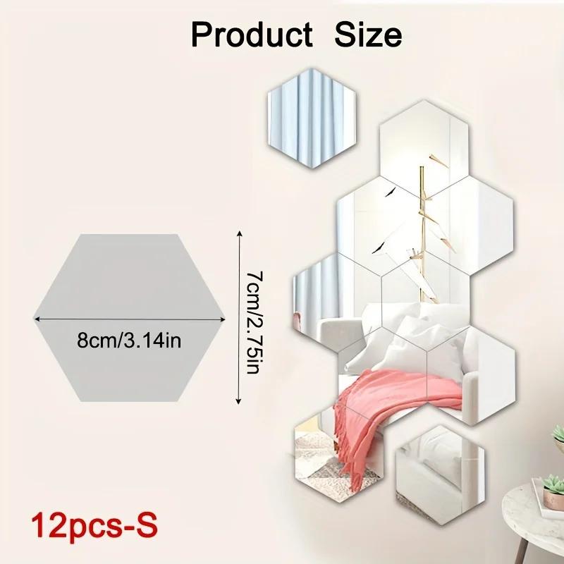 12Pcs Hexagon Acrylic Mirror 3D Wall Sticker Mirror Home Decoration DIY Removable Mirror for Living-Room Art Ornaments