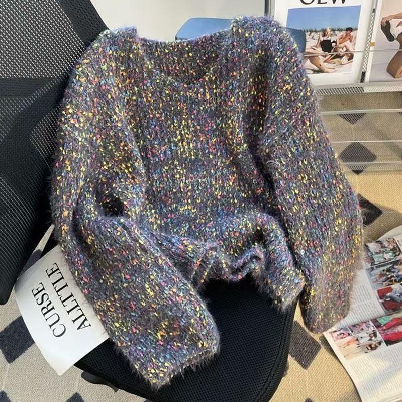 Women's High-End Colorful Polka Dot Sweater - Autumn/Winter 2024, Round Neck, Short, Thick Wool Pullover