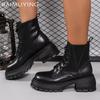 Platform Women Ankle Boots Leather Retro Chunky Mid Heels Shoes  Trend Winter Lace Up Designer Pumps Goth Botas De Mujer