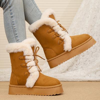 Модные женские зимние теплые меховые сноубутсы на шнуровке, пушистые плюшевые ботильоны на платформе для женщин, толстая подошва, нескользящая обувь с хлопковой подкладкой