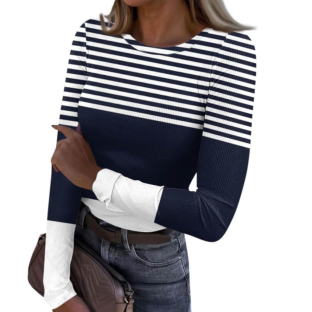 Женская и зимняя футболка с тонким низом, модная повседневная футболка с градиентным принтом и круглым вырезом, пуловер с длинным рукавом