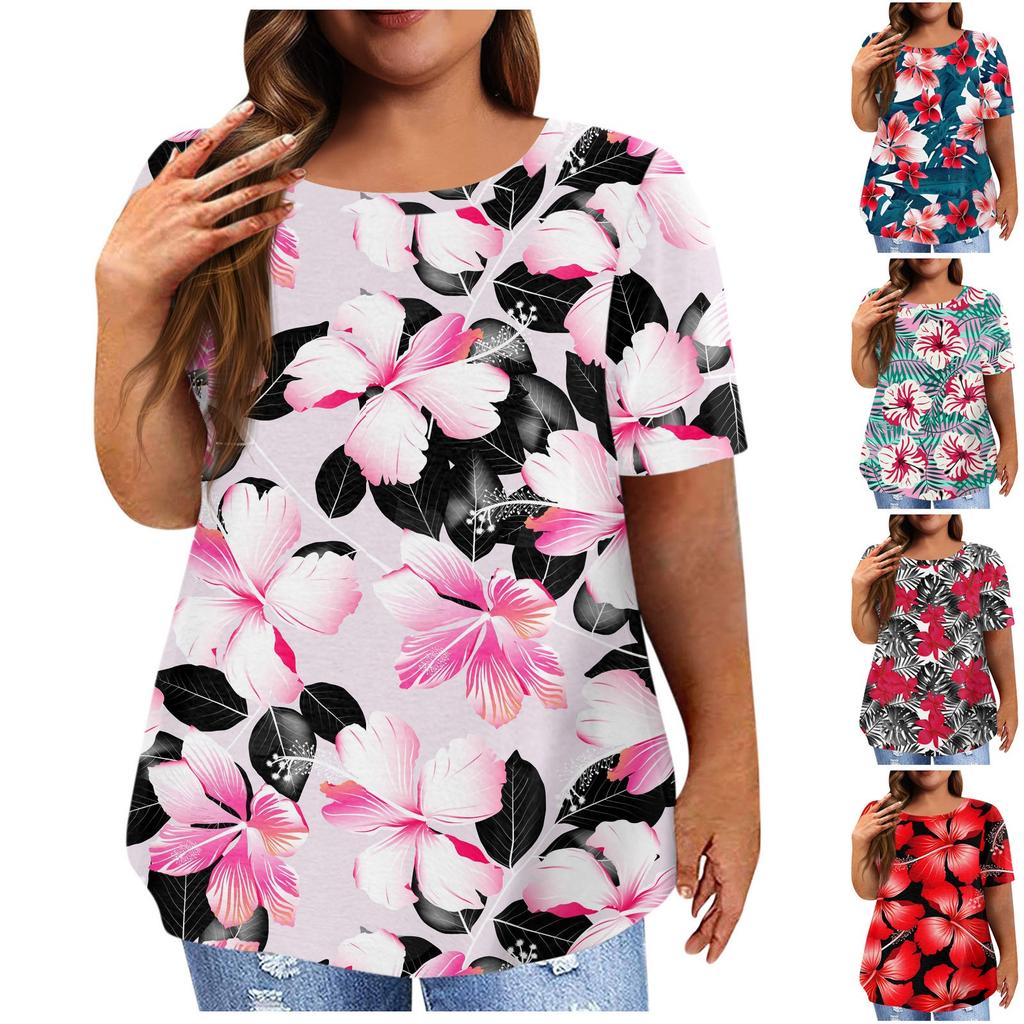 Fashion Short Sleeve Shirt Round Neck Plus Size T-Shirt Flower Printed Casual Tops For Women