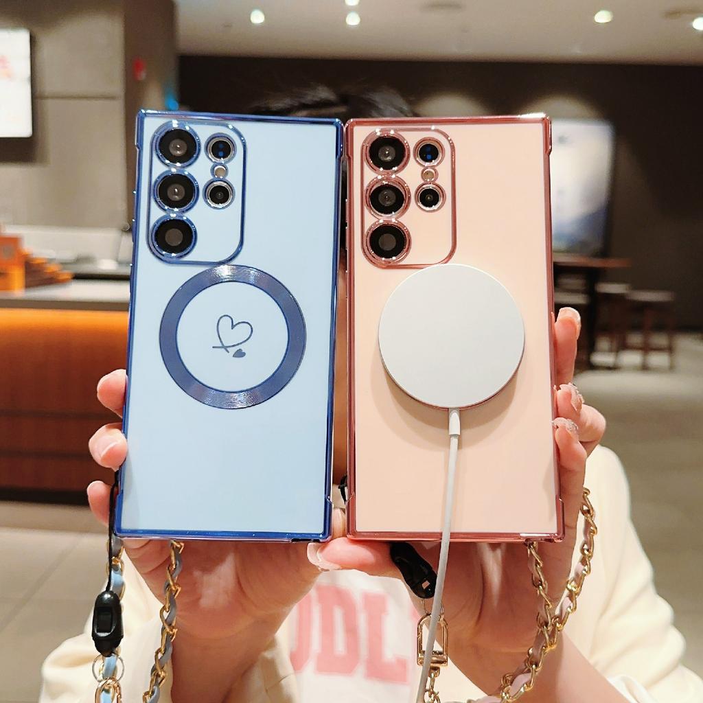For Samsung Galaxy S24 Ultra Magnetic Case Electroplated Love Hearts TPU Phone Cover with Chain Strap