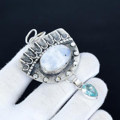 Кулон из лунного камня, Ювелирное изделие ручной работы из стерлингового серебра 925 пробы, Серебряный кулон с голубым топазом, Украшение для вечеринки для женщин, Кулон в подарок на годовщину