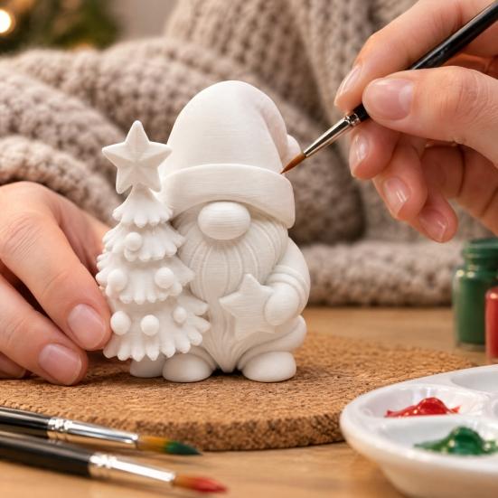 Small Gnome Figurines for Desktop 3D Printed Christmas Figurine, DIY Paintable Mini Hugging Festival Gift Friends Star & Tree, Winter Holiday