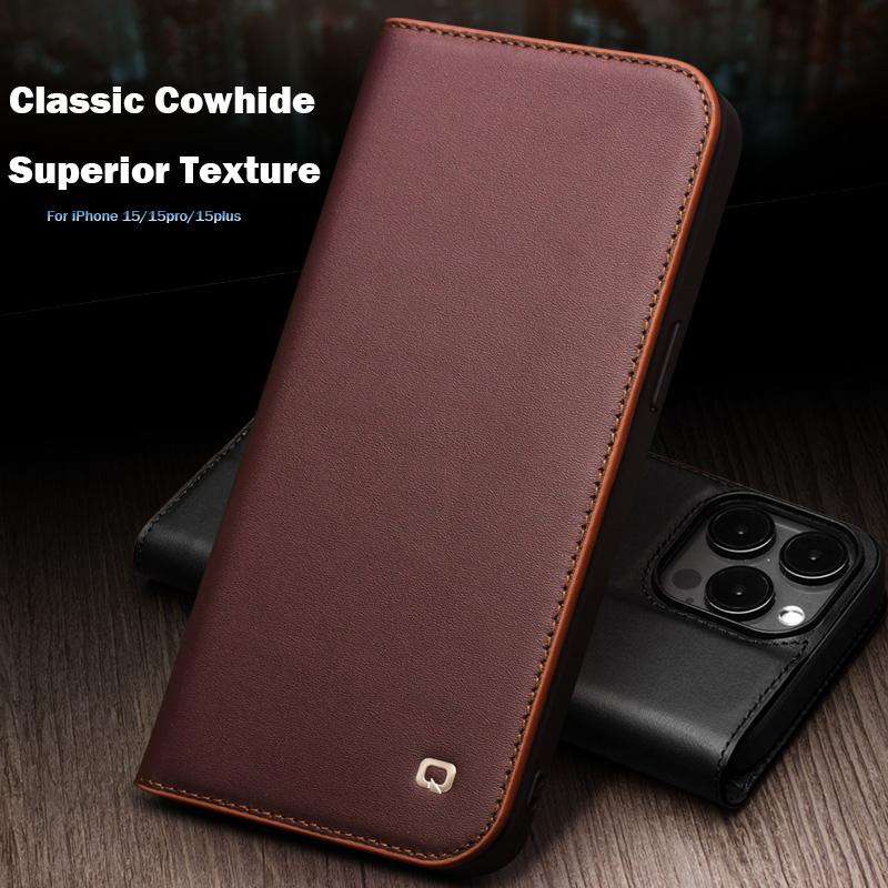 Qialino Genuine Leather Flip Case For Apple Iphone Air 17 16 15 Pro Max Plus Bracket Handmade Business Cover With Card Slots