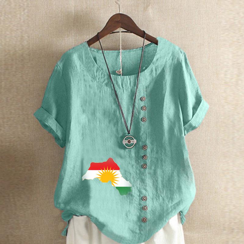 Women's New Fashion Linen Shirt Round Neck Short Sleeve Map Printed T-shirt Summer Ladies Casual Plus Size Blouse Tops