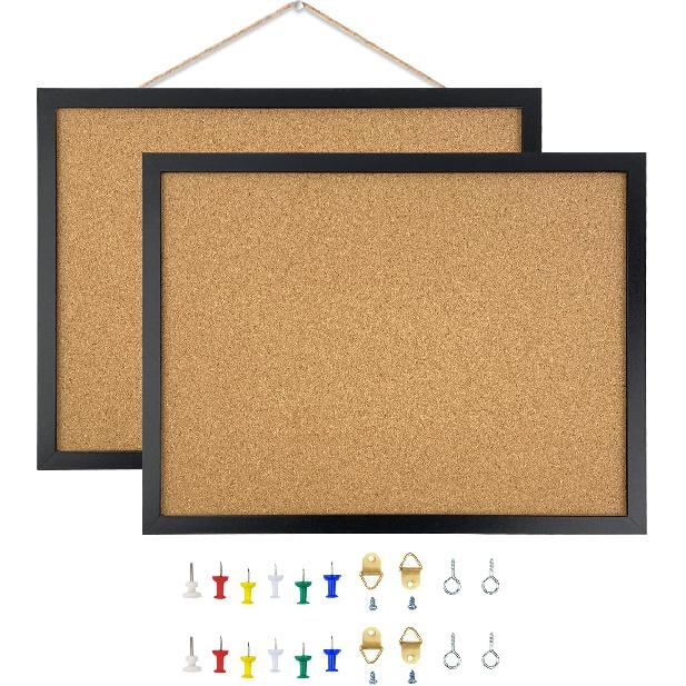 GDMINLO 2 Pack Black Cork Bulletin Board, 14.6"X 11" Cork Board, Oak Wood Finish Frame, Wall Mounted Board for Office Home and School(P, Eye Bolts,