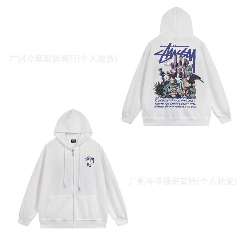 Unisex Hooded Zip-Up Fleece-Lined Sweatshirt With Letter Print Loose Fit Cotton Long Sleeve Men Women