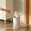 Round Plastic Trash Can with Wood Lid, Japanese-Style Garbage Recycling Bin, Slanted Waste Bin with Swing Lid, for Bathrooms,