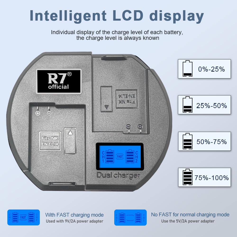 Двухканальное зарядное устройство R7 с 4 батареями EN-EL14/EN-EL14a для Nikon D3100-D5300, ЖК-дисплей и USB-кабель в подарок