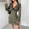 DAFIFY Women's Fashion Spring Fall Flower Pattern Print Long Sleeve V-Neck High Waist Casual Dresses