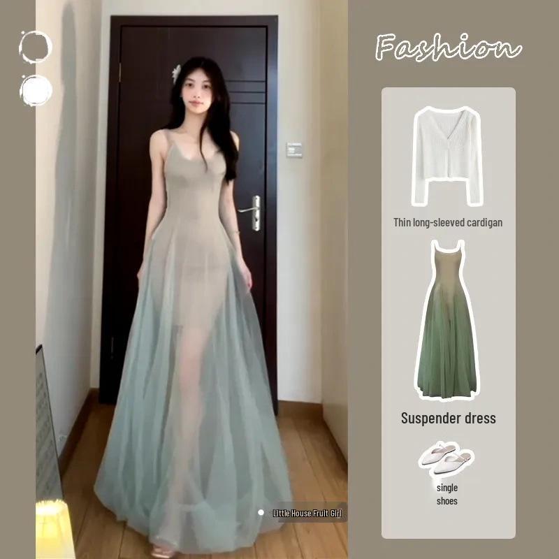 Элегантное летнее платье на тонких бретельках: Стройнящий, Color-Blocked, Сетчатый дизайн для уникального, утонченного образа