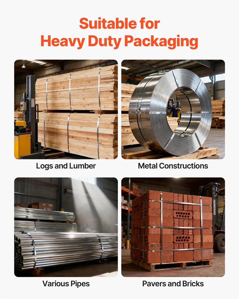 Steel Banding Strapping Kit, Heavy Duty Banding Sealer Tool with 60 m Binding Straps, 200 Metal Clasps, Manual Pallet Packaging Strapping Kit for