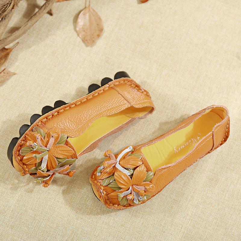 2024 новые туфли на плоской подошве из натуральной кожи, женские мокасины из натуральной кожи, сшитые вручную, гибкие женские туфли с круглым носком и принтом весенних цветов