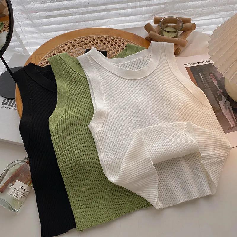 Зеленый вязаный топ без рукавов, короткий женский укороченный топ, сплошной цвет, внутренняя одежда, узкий короткий жилет, корейская мода